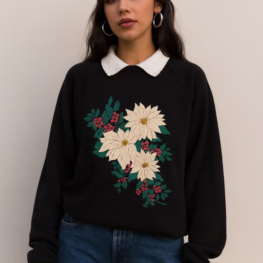 Vintage Poinsettia Peter Pan Collar Christmas Sweatshirt Black Red Green size XL